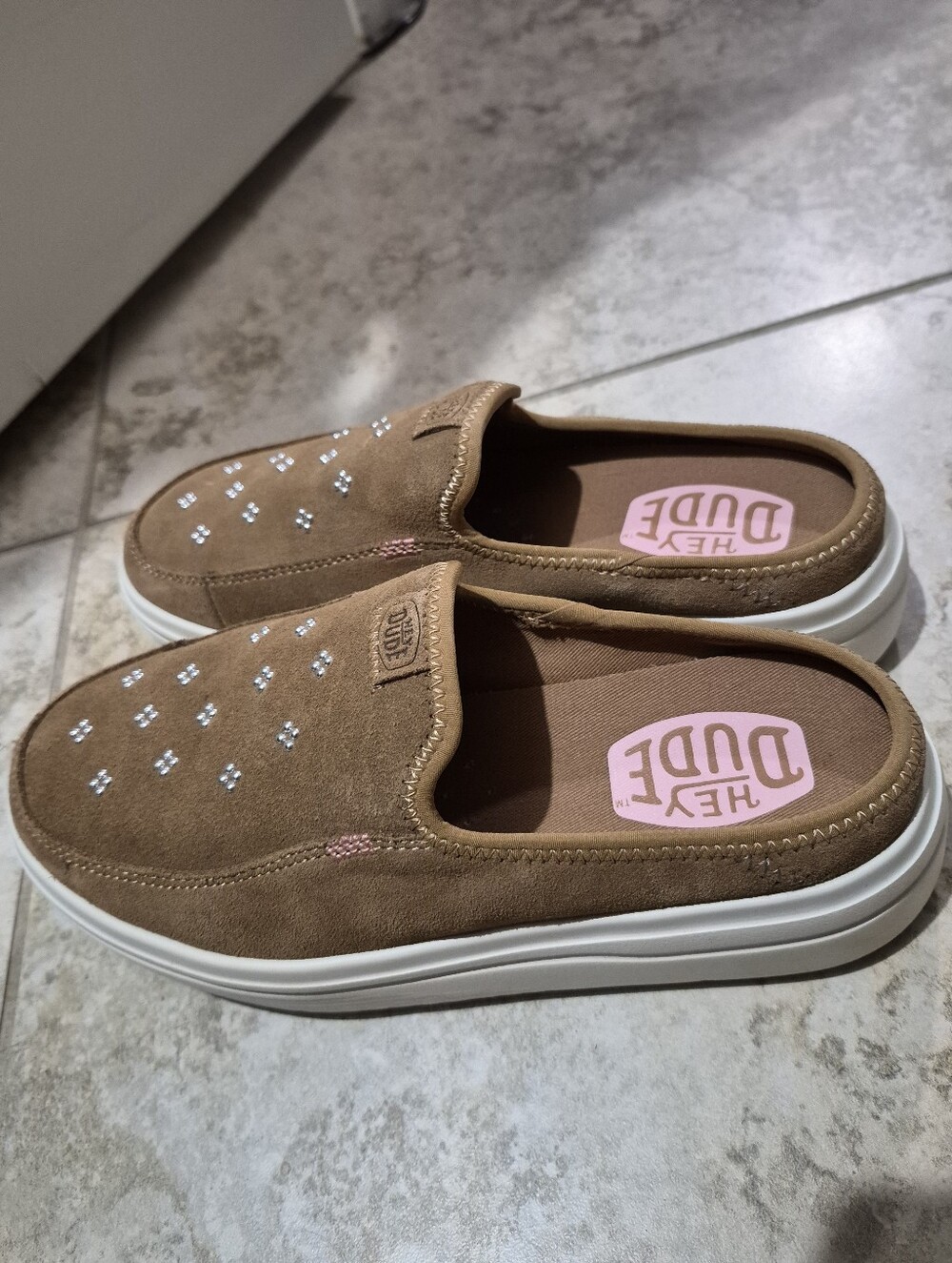 Hey Dude Tan Suede Slip-On Loafers with Stud Accents